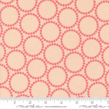 Image of the Love Letter Dots Pink Strawberries quilting cotton fabric by Lizzy House for Moda Fabrics. Features dotted circles on a pink background. Cure Little Fabric Shop