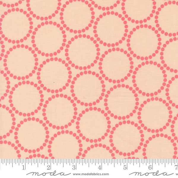 Image of the Love Letter Dots Pink Strawberries quilting cotton fabric by Lizzy House for Moda Fabrics. Features dotted circles on a pink background. Cure Little Fabric Shop