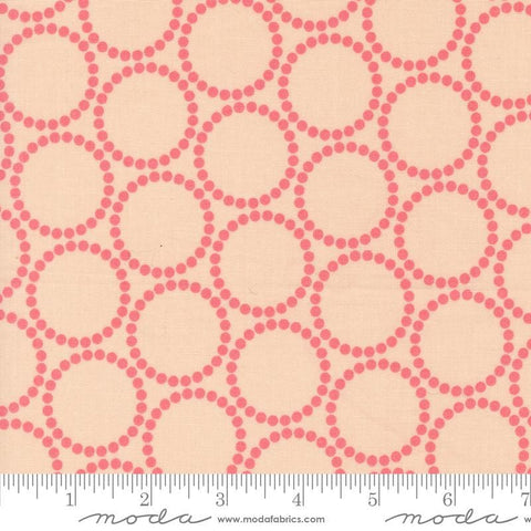 Image of the Love Letter Dots Pink Strawberries quilting cotton fabric by Lizzy House for Moda Fabrics. Features dotted circles on a pink background. Cure Little Fabric Shop