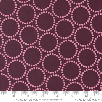 Image of the Love Letter Dots Merlot quilting cotton fabric by Lizzy House for Moda Fabrics. Features dotted circles on a purple background. Cure Little Fabric Shop