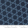 Image of the Love Letter Dots Peacoat quilting cotton fabric by Lizzy House for Moda Fabrics. Features dotted circles on a blue background. Cure Little Fabric Shop