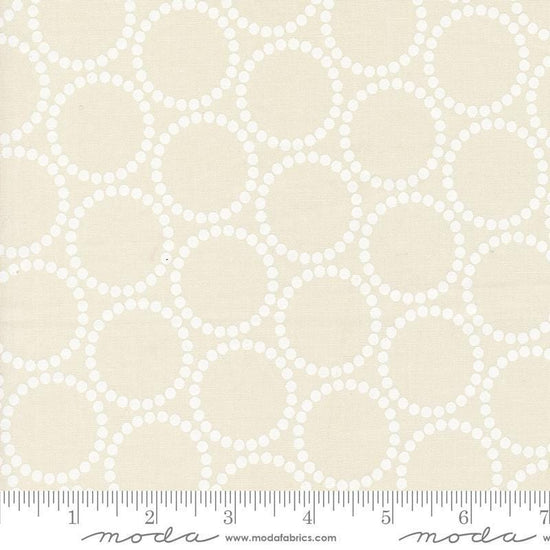 Image of the Love Letter Dots Eggshell White quilting cotton fabric by Lizzy House for Moda Fabrics. Features dotted circles on a cream background. Cure Little Fabric Shop