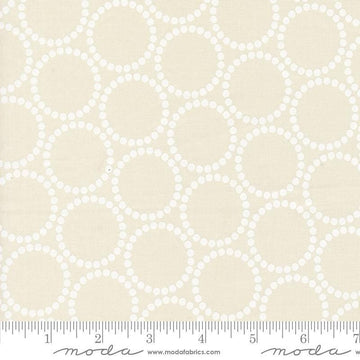 Image of the Love Letter Dots Eggshell White quilting cotton fabric by Lizzy House for Moda Fabrics. Features dotted circles on a cream background. Cure Little Fabric Shop
