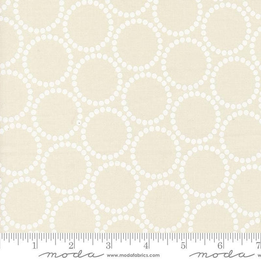 Image of the Love Letter Dots Eggshell White quilting cotton fabric by Lizzy House for Moda Fabrics. Features dotted circles on a cream background. Cure Little Fabric Shop