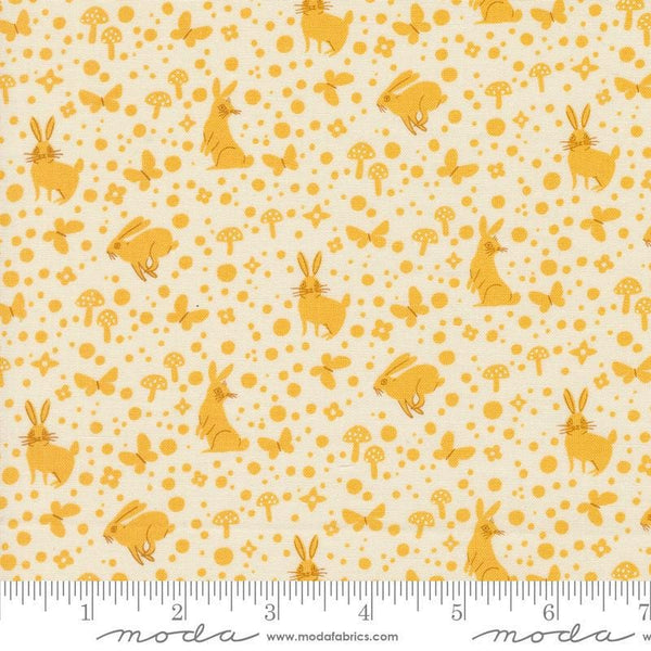 Image of the Love Letter Wonder Eggshell Golden quilting cotton fabric by Lizzy House for Moda Fabrics. Features novelty animals on a yellow background. Cure Little Fabric Shop