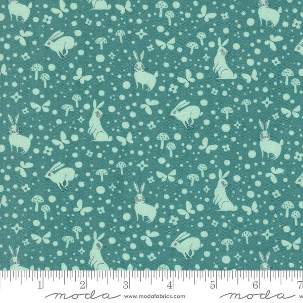 Image of the Love Letter Wonder Pond quilting cotton fabric by Lizzy House for Moda Fabrics. Features novelty animals on a green background. Cure Little Fabric Shop