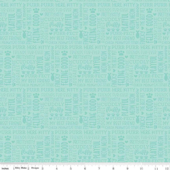 Image of the Pretty Kitty™ Kitty Talk Blue quilting cotton fabric by Doodlebug Design Inc for Riley Blake Designs. Features words on a teal background. Cute Little Fabric Shop