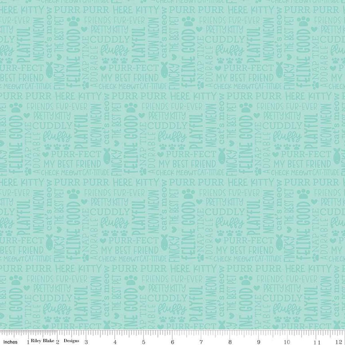 Image of the Pretty Kitty™ Kitty Talk Blue quilting cotton fabric by Doodlebug Design Inc for Riley Blake Designs. Features words on a teal background. Cute Little Fabric Shop