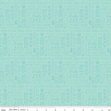 Image of the Pretty Kitty™ Kitty Talk Blue quilting cotton fabric by Doodlebug Design Inc for Riley Blake Designs. Features words on a teal background. Cute Little Fabric Shop