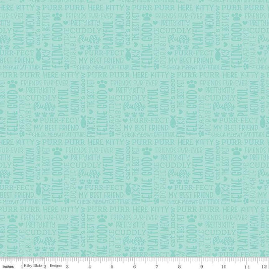 Image of the Pretty Kitty™ Kitty Talk Blue quilting cotton fabric by Doodlebug Design Inc for Riley Blake Designs. Features words on a teal background. Cute Little Fabric Shop