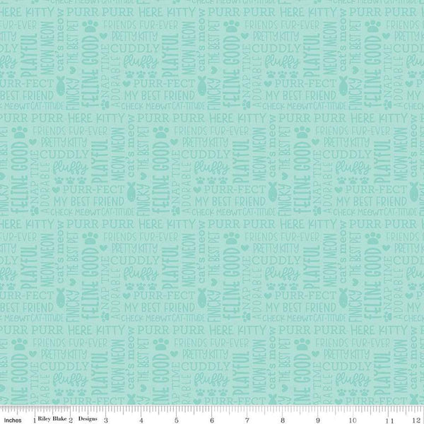 Image of the Pretty Kitty™ Kitty Talk Blue quilting cotton fabric by Doodlebug Design Inc for Riley Blake Designs. Features words on a teal background. Cute Little Fabric Shop