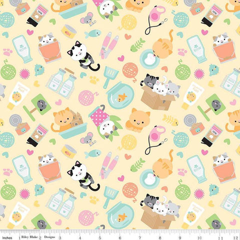 Image of the Pretty Kitty™ Yarn Main Yellow quilting cotton fabric by Doodlebug Design Inc for Riley Blake Designs. Features cat icons on a yellow background. Cute Little Fabric Shop