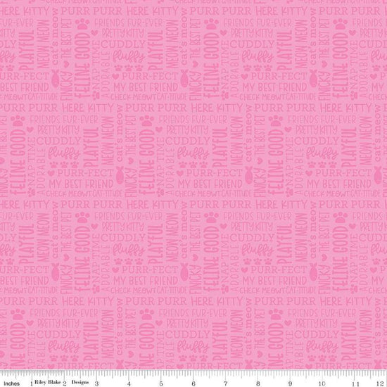 Image of the Pretty Kitty™ Kitty Talk Pink quilting cotton fabric by Doodlebug Design Inc for Riley Blake Designs. Features words on a pink background. Cute Little Fabric Shop
