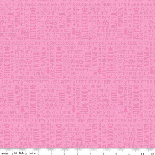 Image of the Pretty Kitty™ Kitty Talk Pink quilting cotton fabric by Doodlebug Design Inc for Riley Blake Designs. Features words on a pink background. Cute Little Fabric Shop