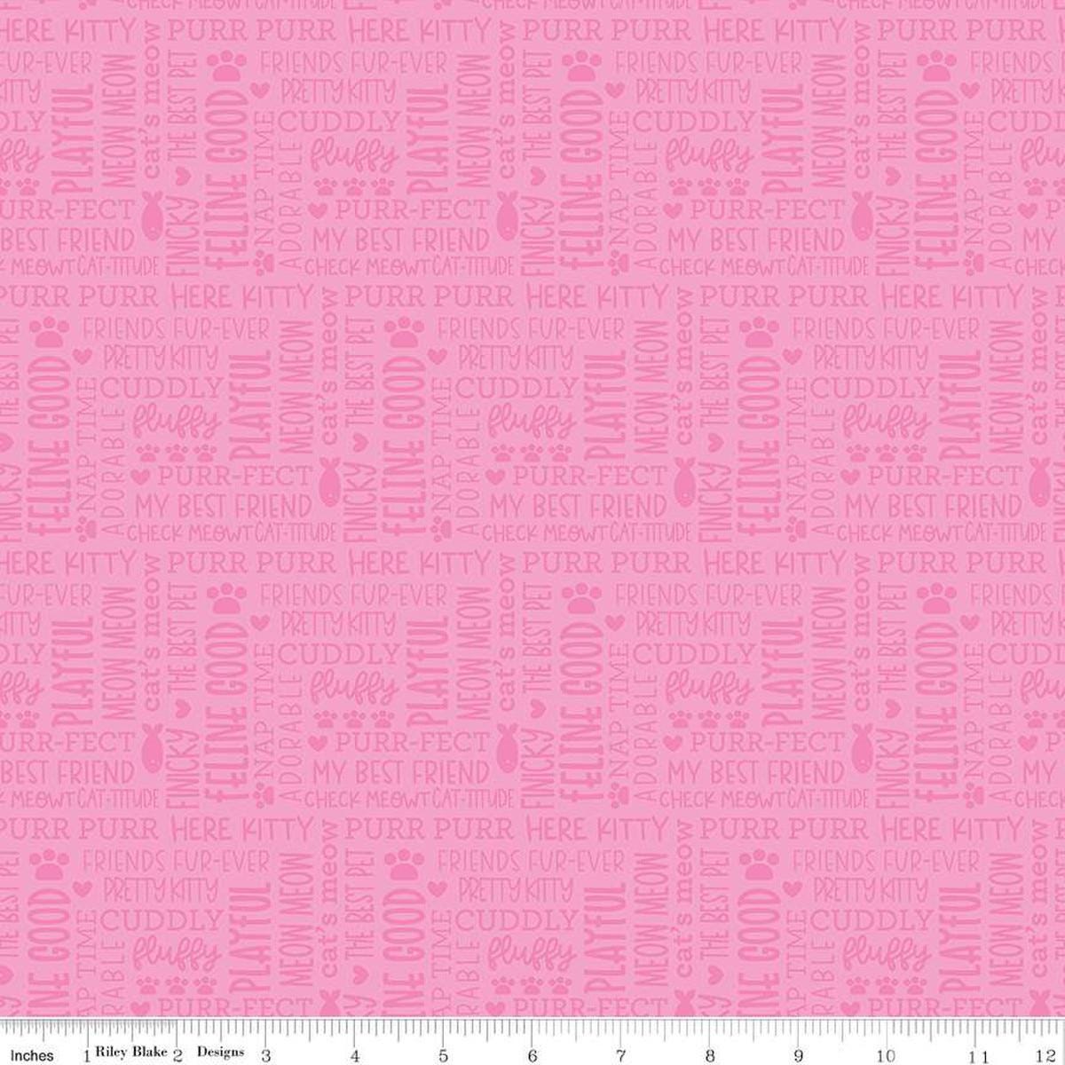 Image of the Pretty Kitty™ Kitty Talk Pink quilting cotton fabric by Doodlebug Design Inc for Riley Blake Designs. Features words on a pink background. Cute Little Fabric Shop