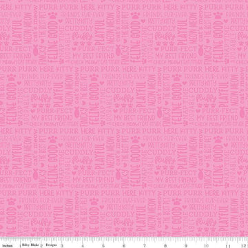 Image of the Pretty Kitty™ Kitty Talk Pink quilting cotton fabric by Doodlebug Design Inc for Riley Blake Designs. Features words on a pink background. Cute Little Fabric Shop
