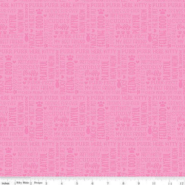 Image of the Pretty Kitty™ Kitty Talk Pink quilting cotton fabric by Doodlebug Design Inc for Riley Blake Designs. Features words on a pink background. Cute Little Fabric Shop