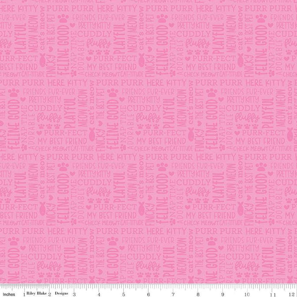 Image of the Pretty Kitty™ Kitty Talk Pink quilting cotton fabric by Doodlebug Design Inc for Riley Blake Designs. Features words on a pink background. Cute Little Fabric Shop