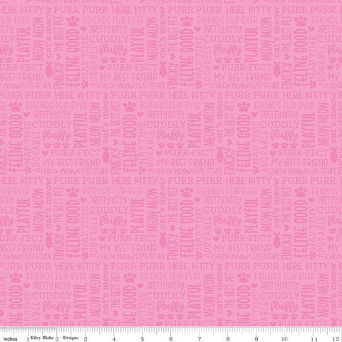 Image of the Pretty Kitty™ Kitty Talk Pink quilting cotton fabric by Doodlebug Design Inc for Riley Blake Designs. Features words on a pink background. Cute Little Fabric Shop