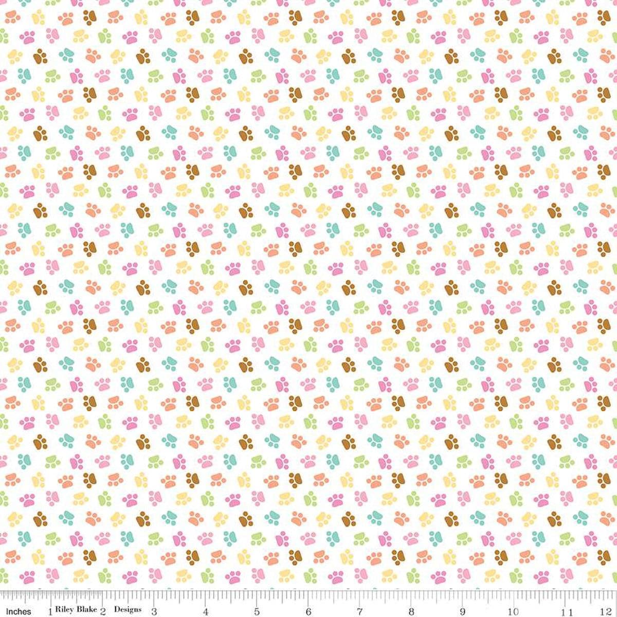 Image of the Pretty Kitty™ Paws White quilting cotton fabric by Doodlebug Design Inc for Riley Blake Designs. Features small paws on a white background. Cute Little Fabric Shop