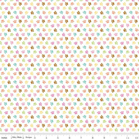 Image of the Pretty Kitty™ Paws White quilting cotton fabric by Doodlebug Design Inc for Riley Blake Designs. Features small paws on a white background. Cute Little Fabric Shop