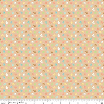 Image of the Pretty Kitty™ Paws Tan quilting cotton fabric by Doodlebug Design Inc for Riley Blake Designs. Features small paws on a tan background. Cute Little Fabric Shop