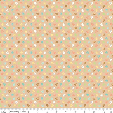 Image of the Pretty Kitty™ Paws Tan quilting cotton fabric by Doodlebug Design Inc for Riley Blake Designs. Features small paws on a tan background. Cute Little Fabric Shop