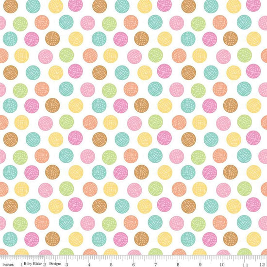 Image of the Pretty Kitty™ Yarn Dots White quilting cotton fabric by Doodlebug Design Inc for Riley Blake Designs. Features balls of yarn on a white background. Cute Little Fabric Shop