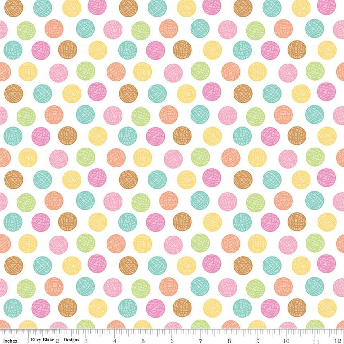 Image of the Pretty Kitty™ Yarn Dots White quilting cotton fabric by Doodlebug Design Inc for Riley Blake Designs. Features balls of yarn on a white background. Cute Little Fabric Shop