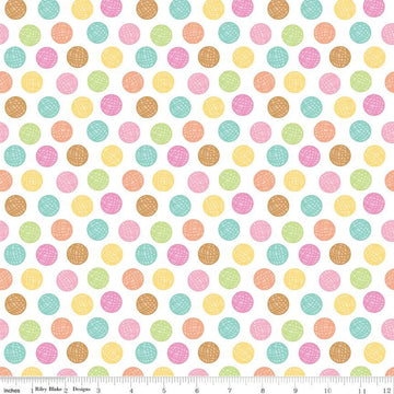 Image of the Pretty Kitty™ Yarn Dots White quilting cotton fabric by Doodlebug Design Inc for Riley Blake Designs. Features balls of yarn on a white background. Cute Little Fabric Shop
