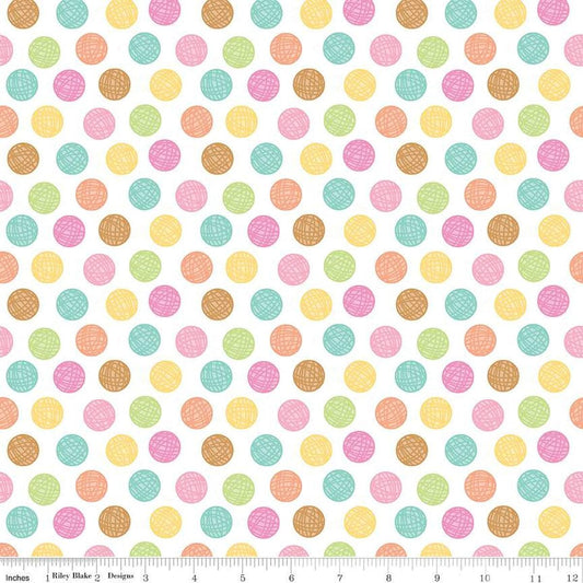 Image of the Pretty Kitty™ Yarn Dots White quilting cotton fabric by Doodlebug Design Inc for Riley Blake Designs. Features balls of yarn on a white background. Cute Little Fabric Shop