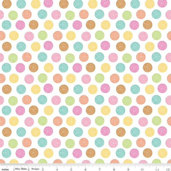 Image of the Pretty Kitty™ Yarn Dots White quilting cotton fabric by Doodlebug Design Inc for Riley Blake Designs. Features balls of yarn on a white background. Cute Little Fabric Shop