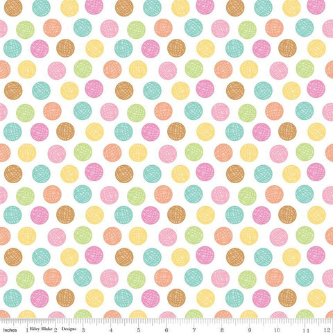 Image of the Pretty Kitty™ Yarn Dots White quilting cotton fabric by Doodlebug Design Inc for Riley Blake Designs. Features balls of yarn on a white background. Cute Little Fabric Shop