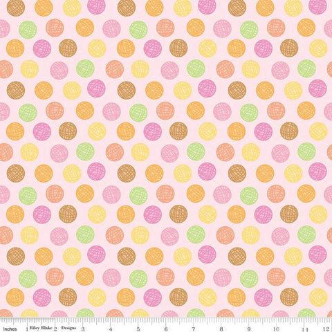 Image of the Pretty Kitty™ Yarn Dots Pink quilting cotton fabric by Doodlebug Design Inc for Riley Blake Designs. Features balls of yarn on a pink background. Cute Little Fabric Shop