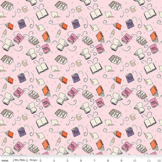 19" End of Bolt - Spooky Schoolhouse Spellbooks SC13203 Pink SPARKLE - Riley Blake - Halloween Books Silver SPARKLE - Quilting Cotton