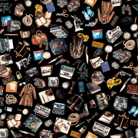 Image of the True Detective Everything Detective Black quilting cotton fabrics by Morris Creative Group for QT Fabrics. Features scattered detective gear on a black background.
Cute Little Fabric Shop