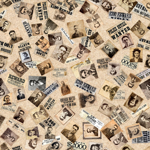 Image of the True Detective Detective Ephemera Tan quilting cotton fabrics by Morris Creative Group for QT Fabrics. Features scattered mugshots and wanted posters on a cream background.
Cute Little Fabric Shop