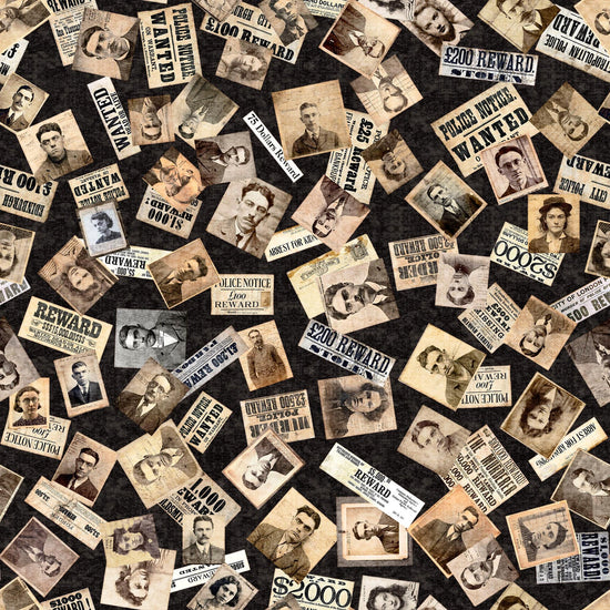 Image of the True Detective Detective Ephemera Black quilting cotton fabrics by Morris Creative Group for QT Fabrics. Features scattered mugshots and wanted posters on a black background.
Cute Little Fabric Shop