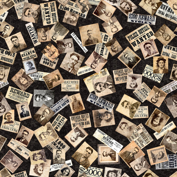 Image of the True Detective Detective Ephemera Black quilting cotton fabrics by Morris Creative Group for QT Fabrics. Features scattered mugshots and wanted posters on a black background.
Cute Little Fabric Shop