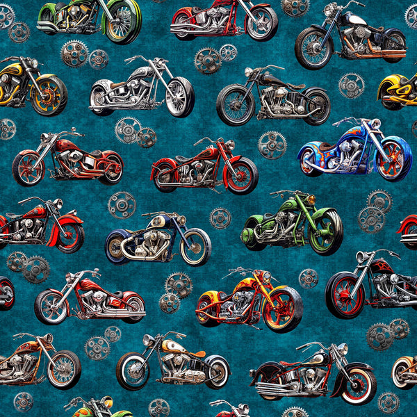 Image of the Heavy Metal Motorcycles Teal quilting cotton fabric by Morris Creative Group for QT Fabrics. Features motorcycles on a teal background. 
Cute Little Fabric Shop