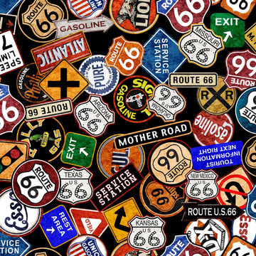 Image of the Heavy Metal Route 66 Toss Black J quilting cotton fabric by Morris Creative Group for QT Fabrics. Features scattered road signs on a black background. 
Cute Little Fabric Shop