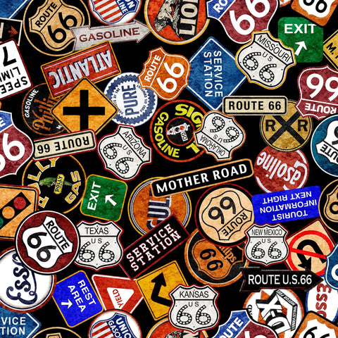 Image of the Heavy Metal Route 66 Toss Black J quilting cotton fabric by Morris Creative Group for QT Fabrics. Features scattered road signs on a black background. 
Cute Little Fabric Shop