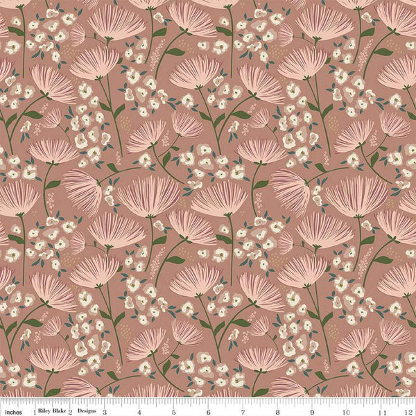 Blush &#39;n Butterscotch Main Dusty Rose quilting cotton fabric by Simple Simon & Company for Riley Blake Designs. Features flowers on a red background. Cute Little Fabric Shop