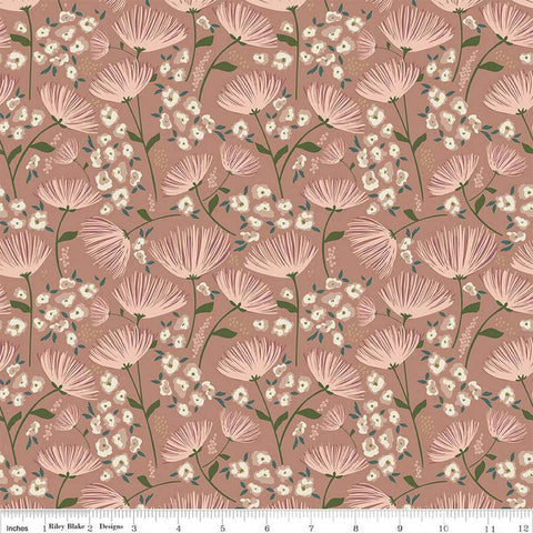 Blush &#39;n Butterscotch Main Dusty Rose quilting cotton fabric by Simple Simon & Company for Riley Blake Designs. Features flowers on a red background. Cute Little Fabric Shop