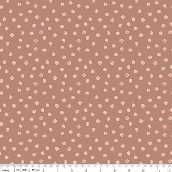 Blush 'n Butterscotch Dots Dusty Rose quilting cotton fabric by Simple Simon & Company for Riley Blake Designs. Features small dots on a pink background. Cute Little Fabric Shop