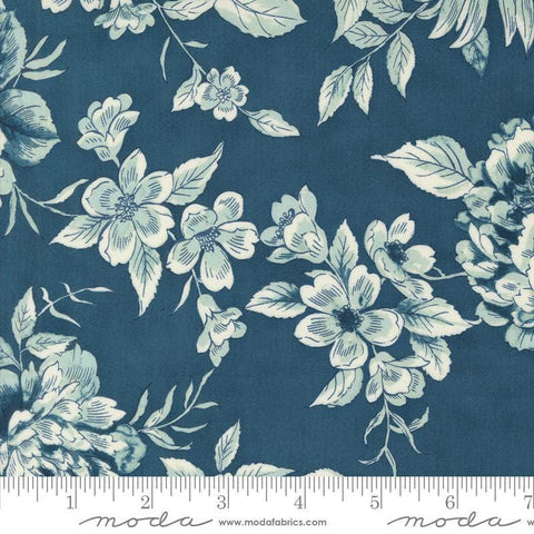 Image of the Sandalwood Indigo quilting cotton fabric by 3 Sisters for Moda Fabrics. Features large flowers on a navy blue background. 
Cute Little Fabric Shop