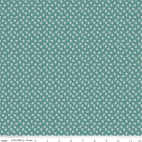 Image of the New Beginnings Posies Teal quilting cotton fabric by Riley Blake Designs. Features flowers on a teal background. Cute Little Fabric Shop