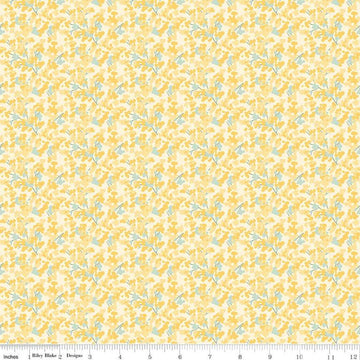 Image of the New Beginnings Blossoms Yellow quilting cotton fabric by Riley Blake Designs. Features flowers on a yellow background. Cute Little Fabric Shop