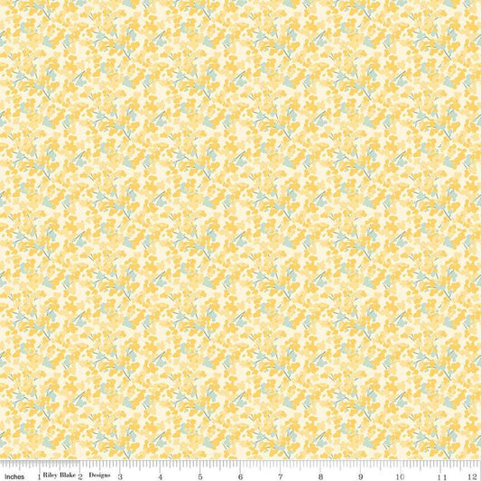 Image of the New Beginnings Blossoms Yellow quilting cotton fabric by Riley Blake Designs. Features flowers on a yellow background. Cute Little Fabric Shop