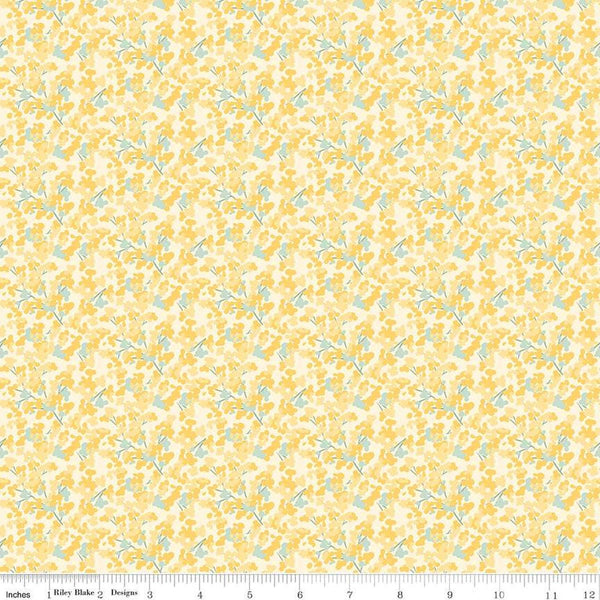 Image of the New Beginnings Blossoms Yellow quilting cotton fabric by Riley Blake Designs. Features flowers on a yellow background. Cute Little Fabric Shop